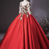 Red Satin Lace 1/2 Sleeve Long Prom Formal Dress - Thumbnail 2