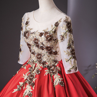 Red Satin Lace 1/2 Sleeve Long Prom Formal Dress - Thumbnail 4