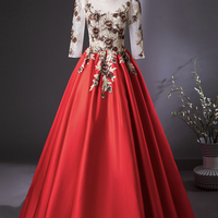 Red Satin Lace 1/2 Sleeve Long Prom Formal Dress - Thumbnail 6