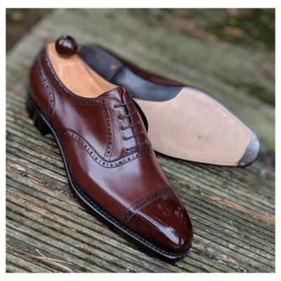 Handmade men brown leather oxford lace up dress shoes - Thumbnail 1