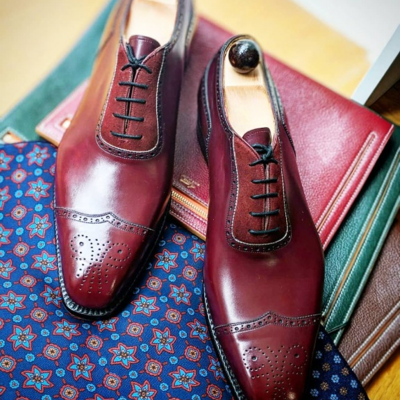 Handmade men bordeaux leather wingtip oxford lace up dress shoes - Thumbnail 4