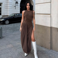 Chic Sleeveless Ruched Waist Brown Maxi Dress - Thumbnail 6