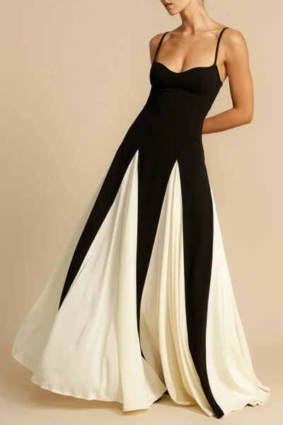 Women's Black & White Patchwork Strap Midi Dress