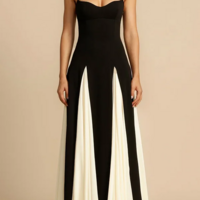 Women's Black & White Patchwork Strap Midi Dress - Thumbnail 4