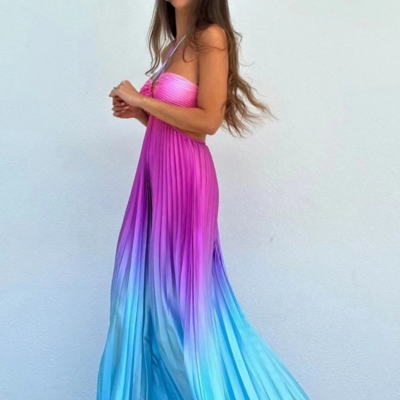 Summer gradient pleated hollow-out beach dress