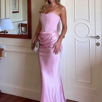 Sexy satin strapless pink party dress - Thumbnail 4