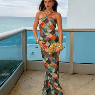 Vintage contrast color halter bodycon long dress 