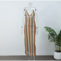 Sexy Deep V-Neck Crochet Halter Long Dress  - Thumbnail 4
