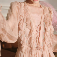 Chiffon V-neck Long Sleeve Ruffle Dress - Thumbnail 5