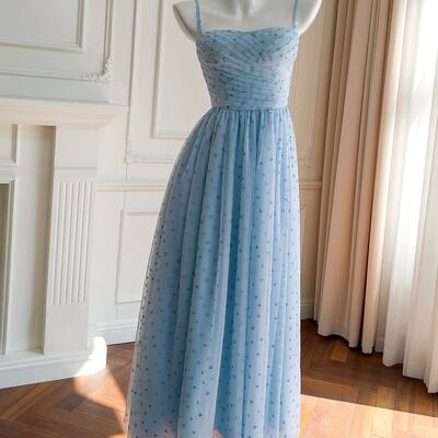 Sky blue mesh dress with puff sleeves