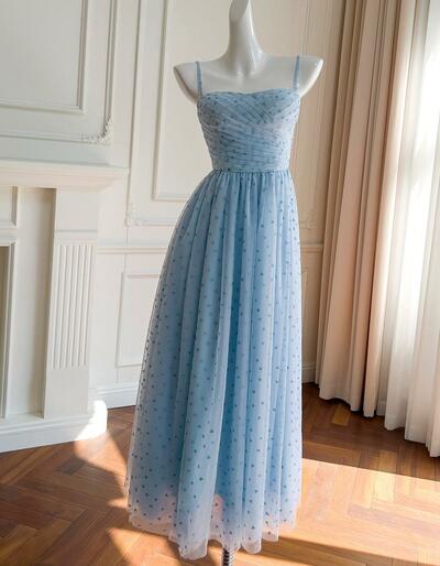 Sky Blue Mesh Dress With Puff Sleeves