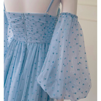 Sky Blue Mesh Dress With Puff Sleeves - Thumbnail 1