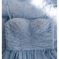 Sky Blue Mesh Dress With Puff Sleeves - Thumbnail 4