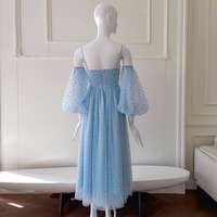 Sky Blue Mesh Dress With Puff Sleeves - Thumbnail 7