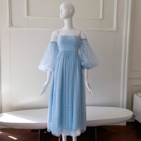 Sky Blue Mesh Dress With Puff Sleeves - Thumbnail 8