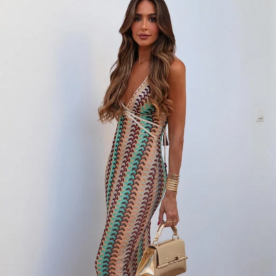 Sexy deep v-neck crochet halter long dress 
