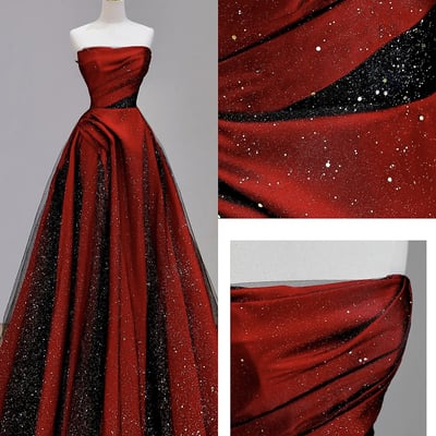 Red satin and black tulle long prom party dress - Thumbnail 1
