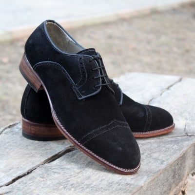 Crafted leather handmade black suede leather wingtip oxford lace up dress shoes - Thumbnail 2