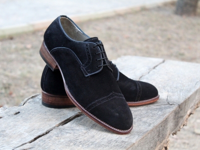 Crafted Leather Handmade Black Suede Leather Wingtip Oxford Lace up Dress Shoes