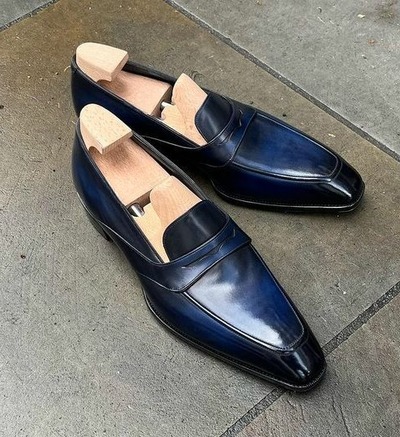 Handmade Men Blue Leather Moccasin Loafers Dress Shoes