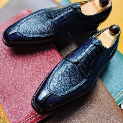 Blue Grain Leather Dress Shoes Split Toe Oxford Lace up Dress Shoes