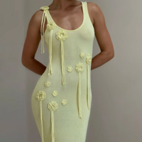 Yellow Sleeveless Knitted Beach Dress - Thumbnail 4