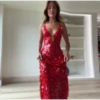 Red Glitter Sequin Spaghetti Strap Evening Dress - Thumbnail 1