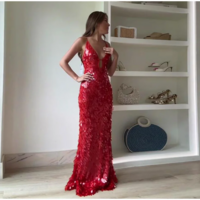 Red Glitter Sequin Spaghetti Strap Evening Dress - Thumbnail 3