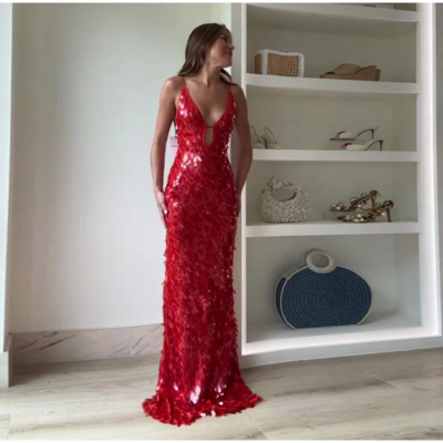 Red Glitter Sequin Spaghetti Strap Evening Dress