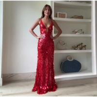 Red Glitter Sequin Spaghetti Strap Evening Dress - Thumbnail 5