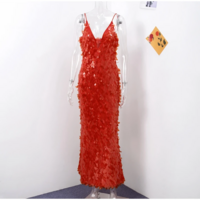 Red Glitter Sequin Spaghetti Strap Evening Dress - Thumbnail 7