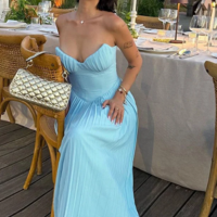 Elegant Pleated Strapless Summer Dress - Thumbnail 1