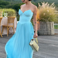 Elegant Pleated Strapless Summer Dress - Thumbnail 2