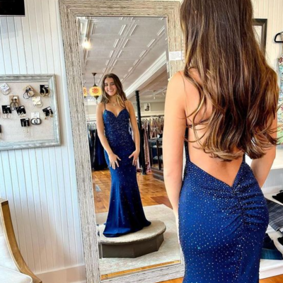 Spaghetti straps long beading backless blue prom evening dresses