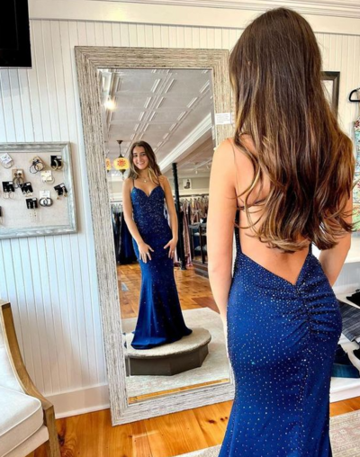 Spaghetti Straps Long Beading Backless Blue Prom Evening Dresses