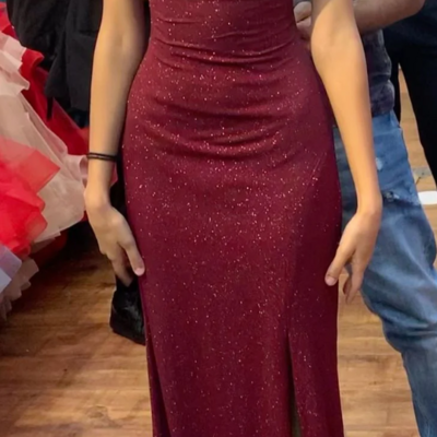Sparkly glitter dark red long split prom dresses