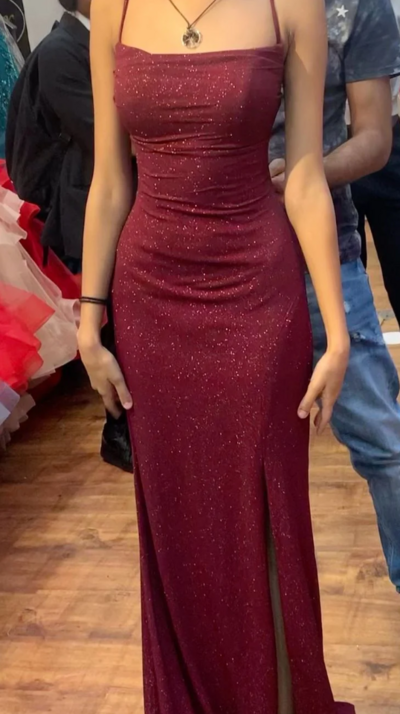 Sparkly Glitter Dark Red Long Split Prom Dresses