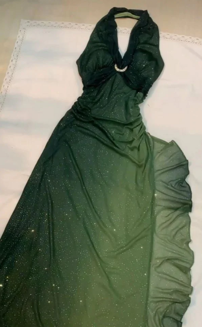 Halter Ombre Green Chiffon Backless Prom Dresses