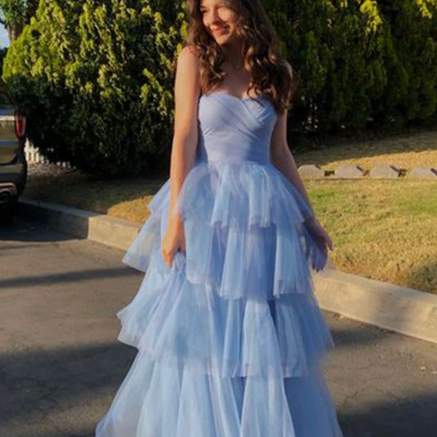 A-line sweetheart blue long tulle prom dresses