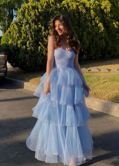 A-line Sweetheart Blue Long Tulle Prom Dresses