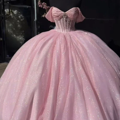 Glitter pearls ball gowns pink quinceanera dresses sweet 15 dresses