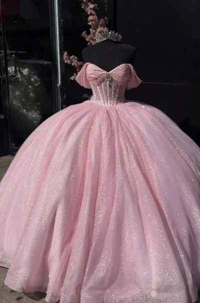 Glitter Pearls Ball Gowns Pink Quinceanera Dresses Sweet 15 Dresses