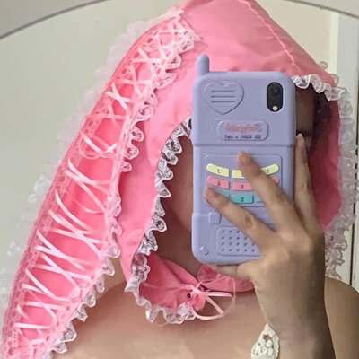 Pink bunny hood with laced up ears - Thumbnail 1