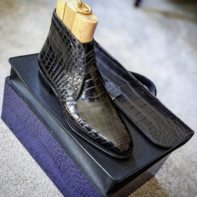 Handmade black crocodile leather chukka boot - Thumbnail 1