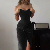 Strapless Knot Velvet Party Dress - Thumbnail 10