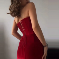 Strapless Knot Velvet Party Dress - Thumbnail 6