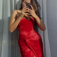 Strapless Knot Velvet Party Dress - Thumbnail 1