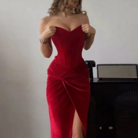Strapless Knot Velvet Party Dress - Thumbnail 7
