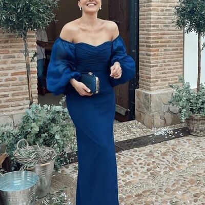 Elegant royal blue sheath off the shoulder mother of the bride/groom dress evening formal prom dress