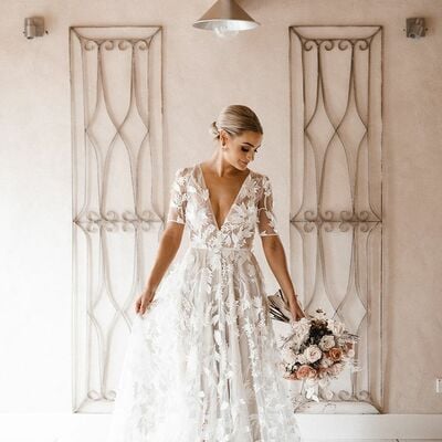 A-line 3d flowers wedding dress, open back tulle bridal dress bridal gown - Thumbnail 1